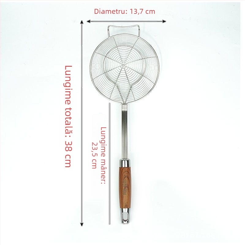 Spatulă din oțel inoxidabil cu mâner din lemn imitatie rosewood, plasă rotundă dublă, pentru uz casnic, potrivită pentru tăiței, găluște chinezești și wontons, cu funcție de scurgere