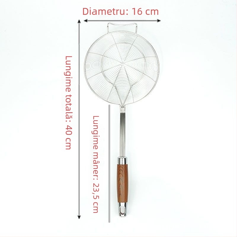 Spatulă din oțel inoxidabil cu mâner din lemn imitatie rosewood, plasă rotundă dublă, pentru uz casnic, potrivită pentru tăiței, găluște chinezești și wontons, cu funcție de scurgere