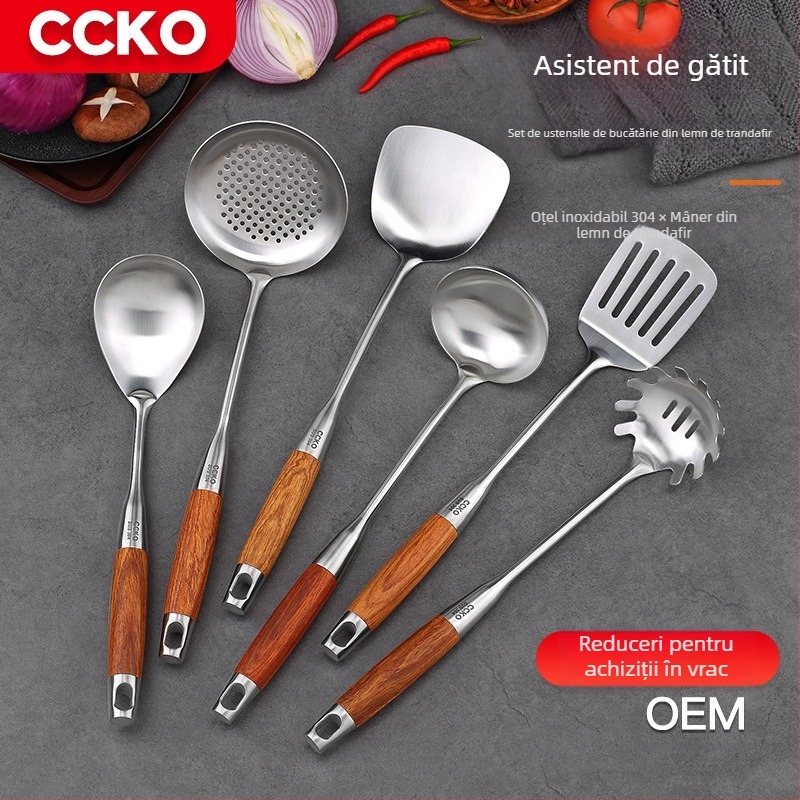 Set bucătărie din oțel inoxidabil 304, 7 piese: spatulă și linguri, mânere din lemn de trandafir, protecție împotriva arsurilor