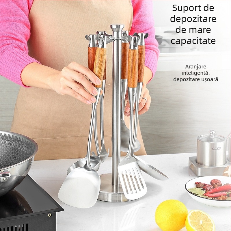 Set bucătărie din oțel inoxidabil 304, 7 piese: spatulă și linguri, mânere din lemn de trandafir, protecție împotriva arsurilor