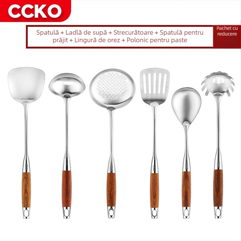 Set bucătărie din oțel inoxidabil 304, 7 piese: spatulă și linguri, mânere din lemn de trandafir, protecție împotriva arsurilor