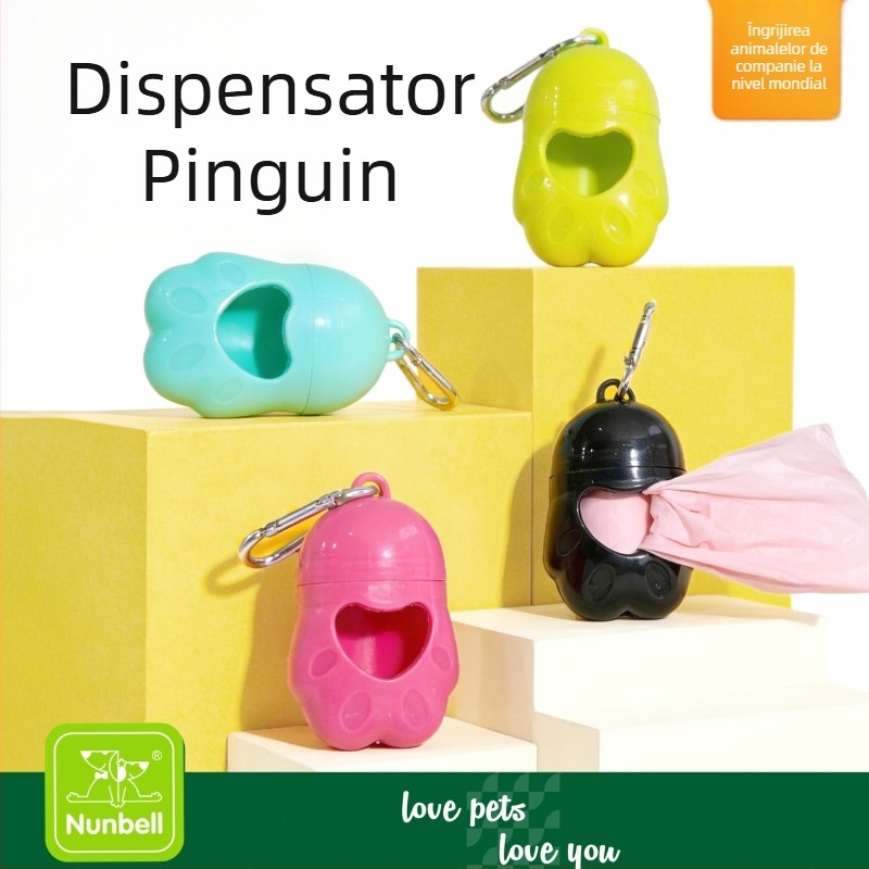 Dispenser portabil pentru pungi de gunoi pentru animale, cu temă pinguin, separator pentru pungile de pisică și câine, breloc, material PE