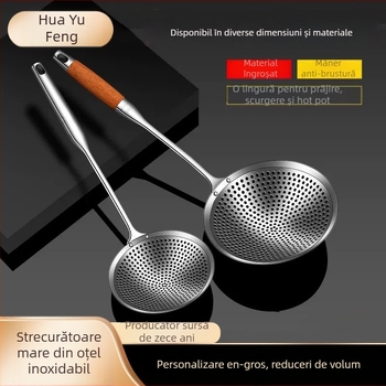Lingură-șurătoare din oțel inoxidabil, mare, pentru bucătărie, design monobloc, ideală pentru gyoza și tăiței, pentru prăjit și scurgere