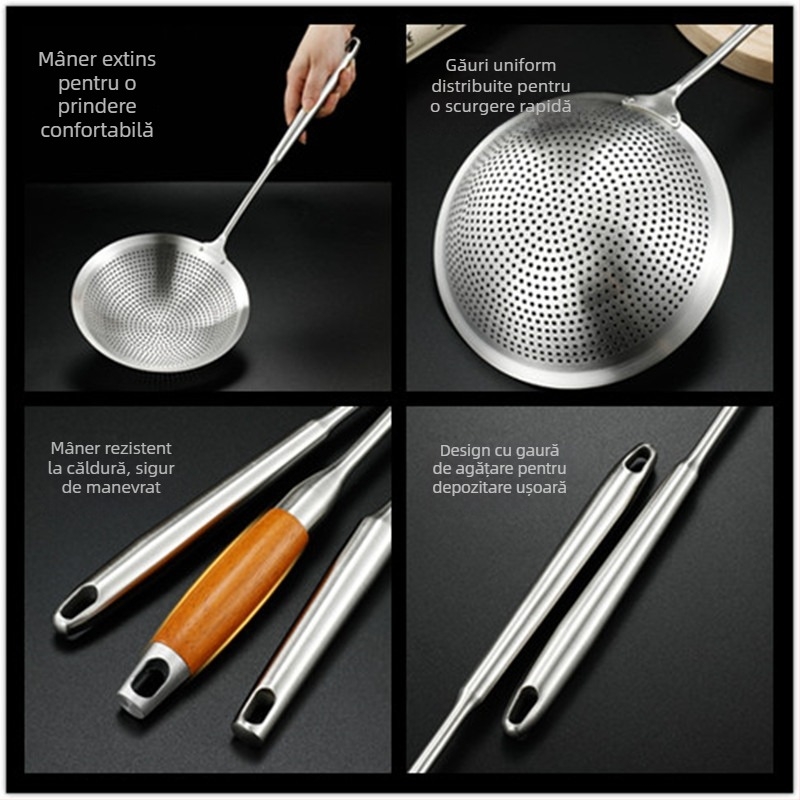 Lingură-șurătoare din oțel inoxidabil, mare, pentru bucătărie, design monobloc, ideală pentru gyoza și tăiței, pentru prăjit și scurgere