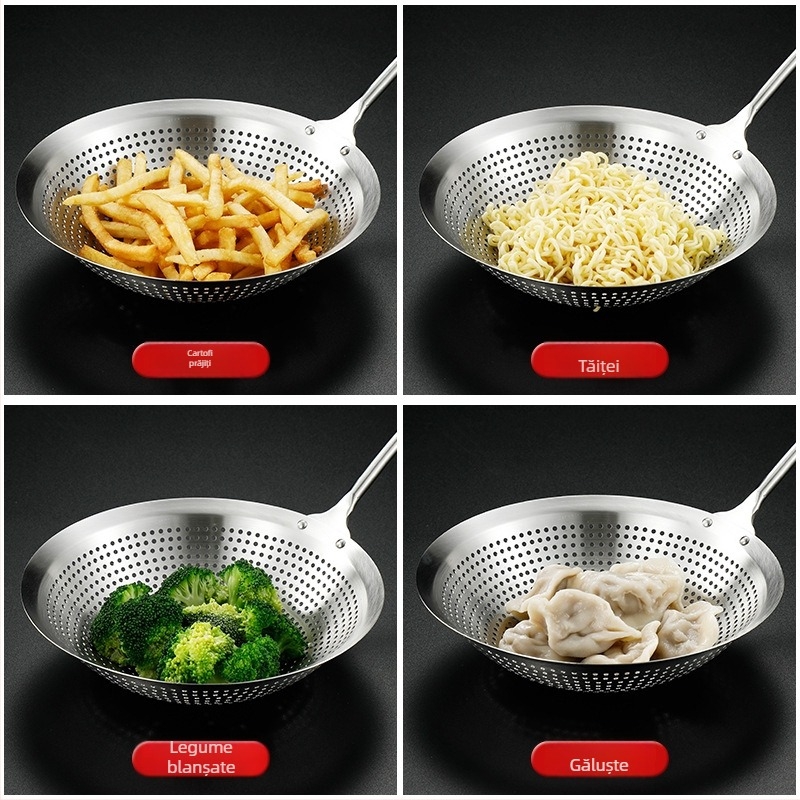 Lingură-șurătoare din oțel inoxidabil, mare, pentru bucătărie, design monobloc, ideală pentru gyoza și tăiței, pentru prăjit și scurgere