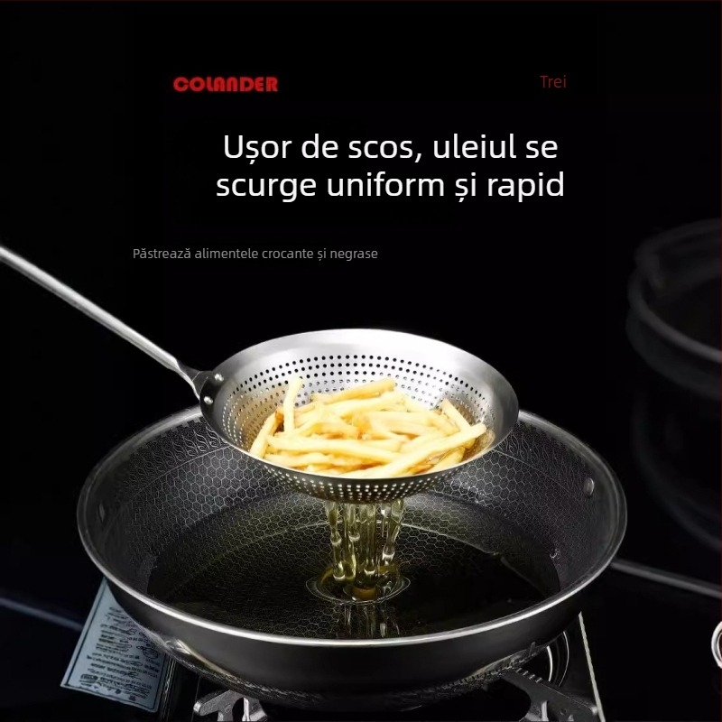 Lingură-șurătoare din oțel inoxidabil, mare, pentru bucătărie, design monobloc, ideală pentru gyoza și tăiței, pentru prăjit și scurgere