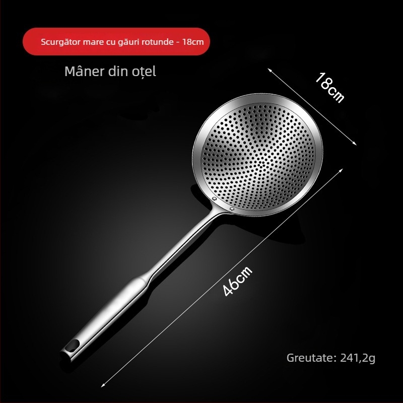 Lingură-șurătoare din oțel inoxidabil, mare, pentru bucătărie, design monobloc, ideală pentru gyoza și tăiței, pentru prăjit și scurgere