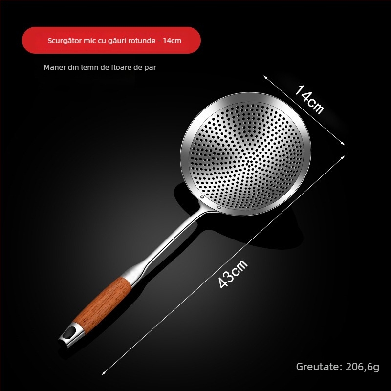 Lingură-șurătoare din oțel inoxidabil, mare, pentru bucătărie, design monobloc, ideală pentru gyoza și tăiței, pentru prăjit și scurgere