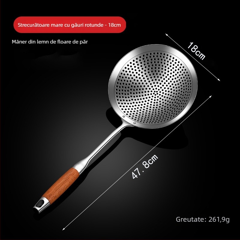Lingură-șurătoare din oțel inoxidabil, mare, pentru bucătărie, design monobloc, ideală pentru gyoza și tăiței, pentru prăjit și scurgere