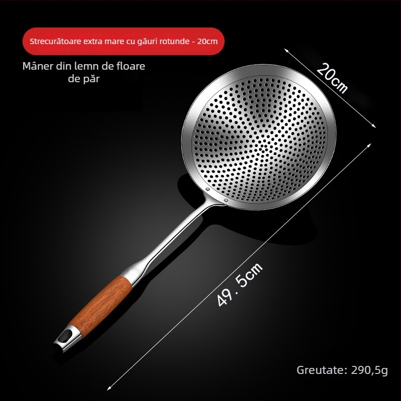 Lingură-șurătoare din oțel inoxidabil, mare, pentru bucătărie, design monobloc, ideală pentru gyoza și tăiței, pentru prăjit și scurgere