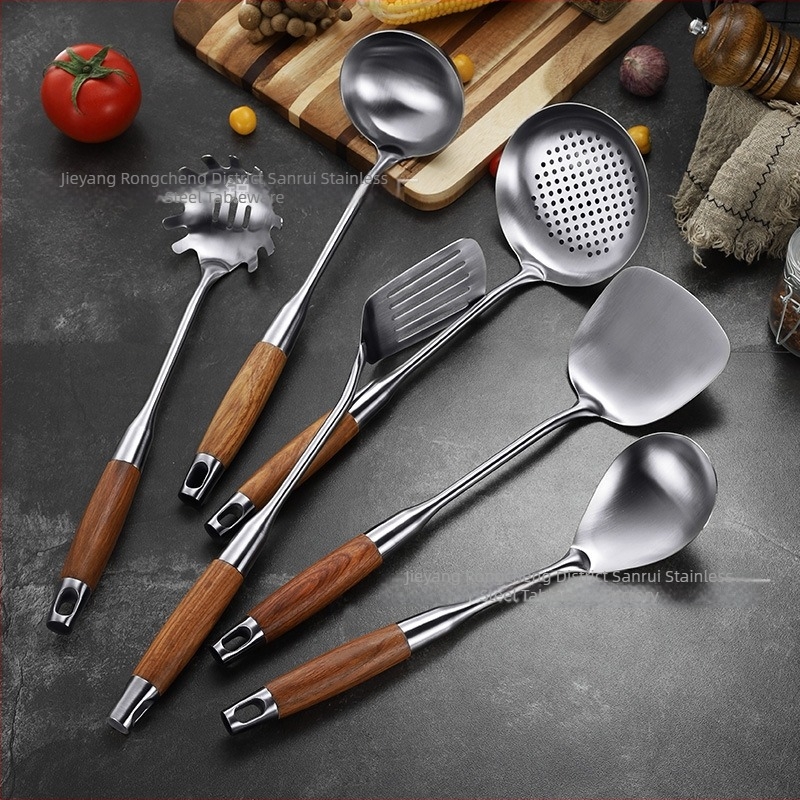 Set ustensile bucătărie din oțel inoxidabil 304, mâner din lemn de pere — linguri, spatule, lingură de supă și lingură cu găuri