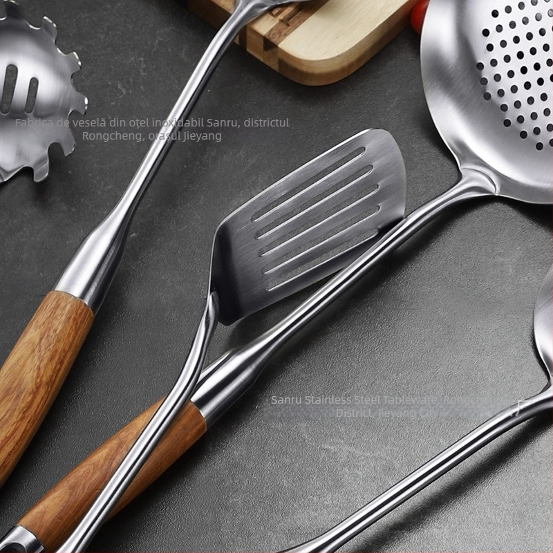 Set ustensile bucătărie din oțel inoxidabil 304, mâner din lemn de pere — linguri, spatule, lingură de supă și lingură cu găuri