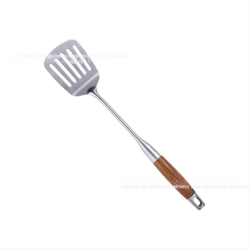 Set ustensile bucătărie din oțel inoxidabil 304, mâner din lemn de pere — linguri, spatule, lingură de supă și lingură cu găuri