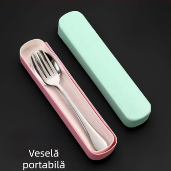 Set tacâmuri din oțel inoxidabil: furculiță și lingură, 410 oțel, finisaj oglindă, portabil, 2 piese, culori roz, albastru, verde