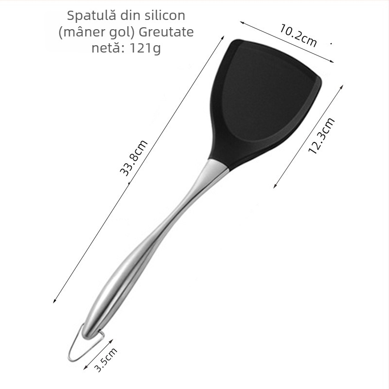 Set de 3 ustensile din silicon cu oțel inoxidabil pentru tigăi antiaderente – spatulă, spatulă pentru prăjit și lingură strecurătoare