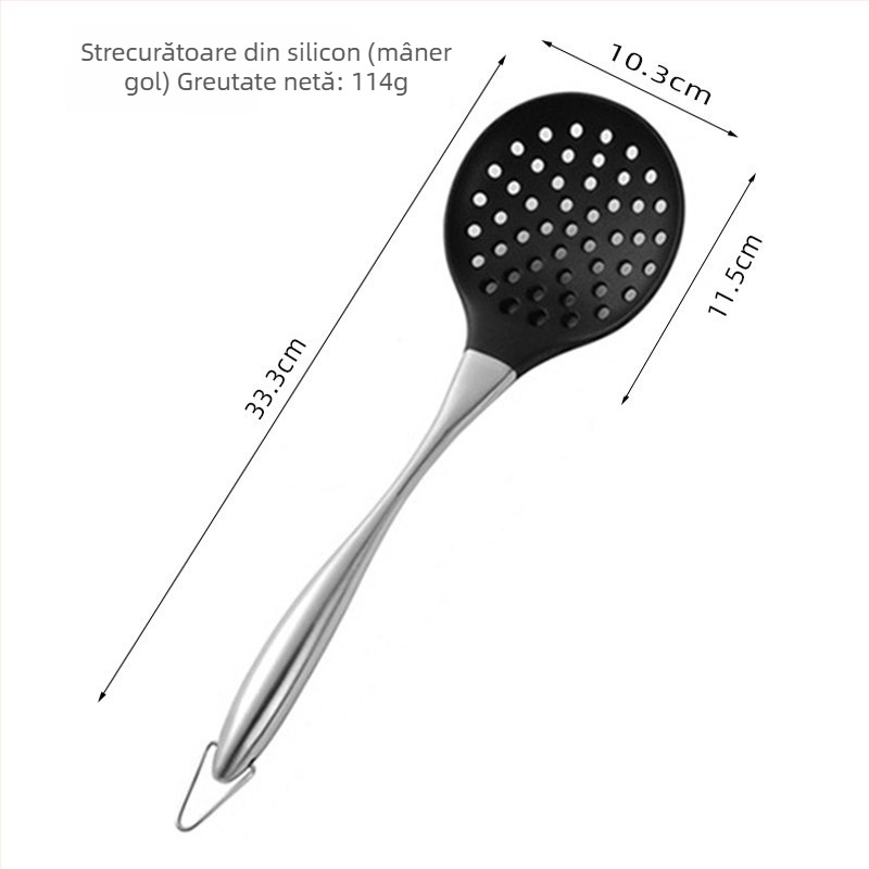 Set de 3 ustensile din silicon cu oțel inoxidabil pentru tigăi antiaderente – spatulă, spatulă pentru prăjit și lingură strecurătoare