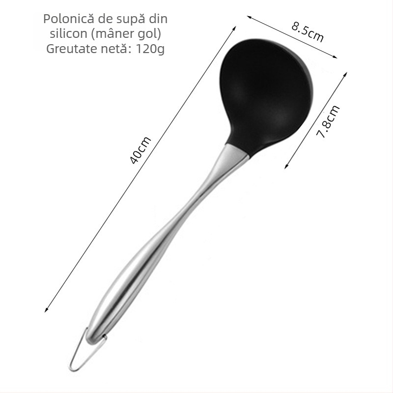Set de 3 ustensile din silicon cu oțel inoxidabil pentru tigăi antiaderente – spatulă, spatulă pentru prăjit și lingură strecurătoare