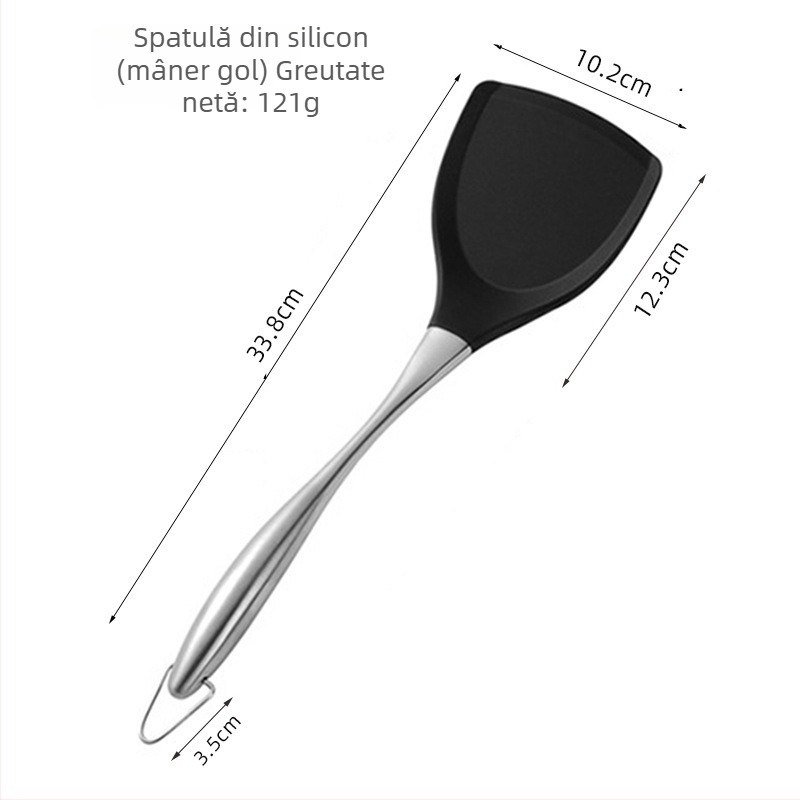 Set de 3 ustensile din silicon cu oțel inoxidabil pentru tigăi antiaderente – spatulă, spatulă pentru prăjit și lingură strecurătoare