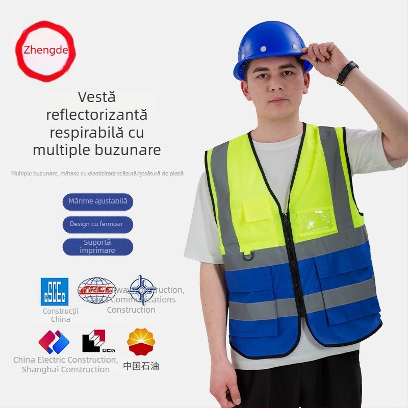 Vesta de protecție reflectorizantă din plasă respirabilă, design în două culori, îmbrăcăminte pentru șantier, fluorescentă