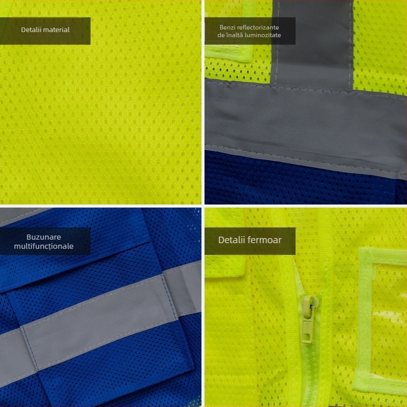 Vesta de protecție reflectorizantă din plasă respirabilă, design în două culori, îmbrăcăminte pentru șantier, fluorescentă
