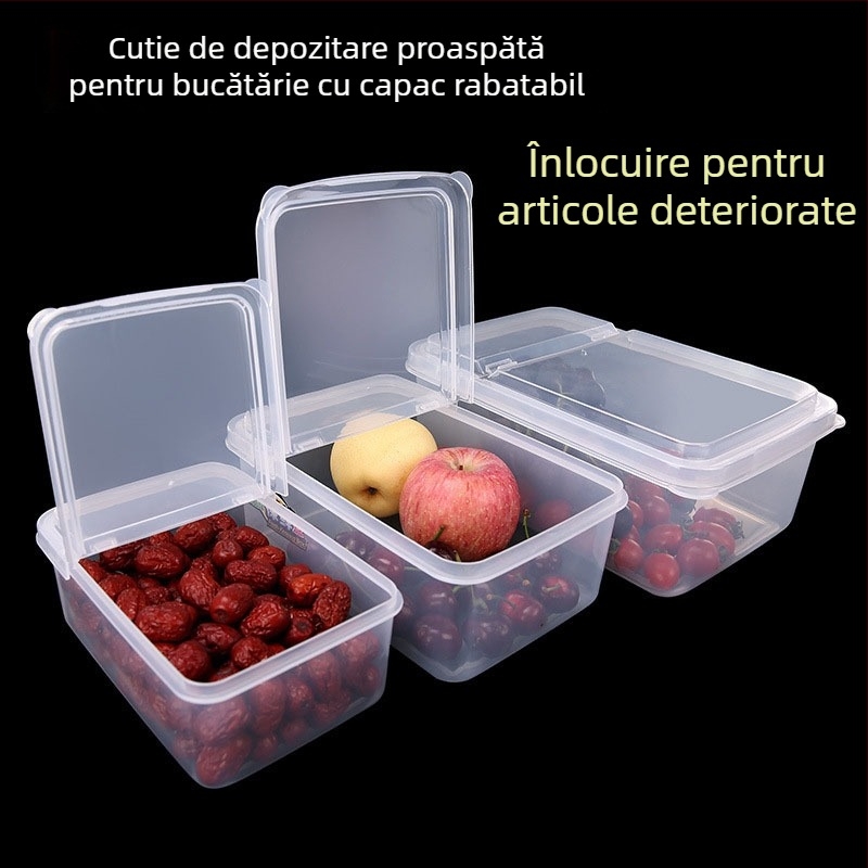 Cutie dreptunghiulară de depozitare a alimentelor, cu capac rabatabil, din plastic transparent, pentru frigider și fructe