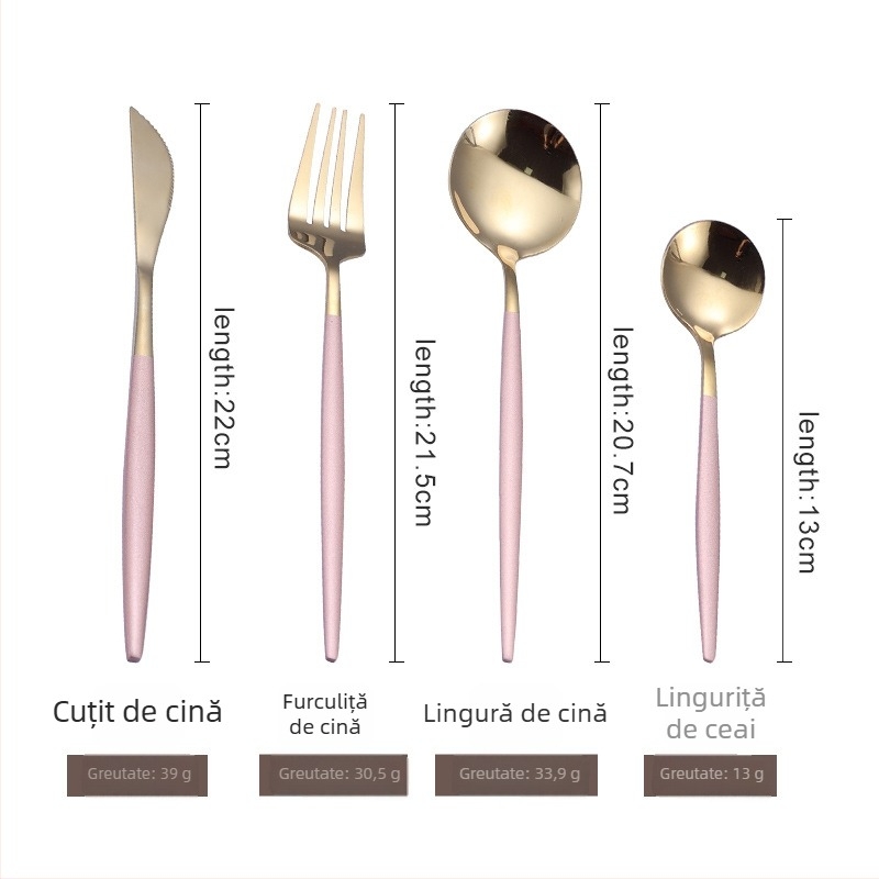 Set de tacâmuri din oțel inoxidabil, cu acoperire titan, pentru masă modernă — cuțit, furculiță și lingură