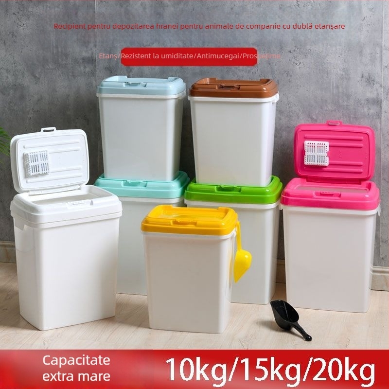 Recipient pentru depozitarea hranei pentru animale de companie, capacitate mare 15 kg, pentru câini și pisici – recipient plastic cu etanșare împotriva umezelii și garnitură dublă de etanșare