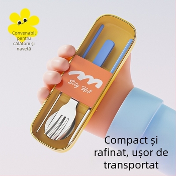 Set portabil din oțel inoxidabil 304, 3 piese: lingură, furculiță și bețișoare