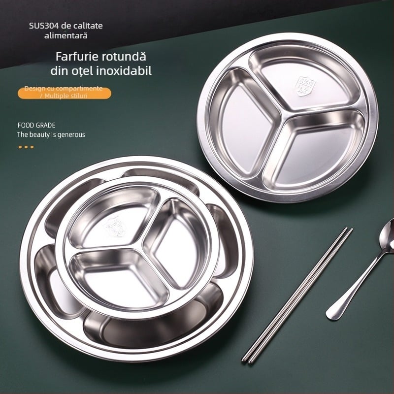 Farfurie rotundă din oțel inoxidabil, cu trei compartimente, pentru copii, 304