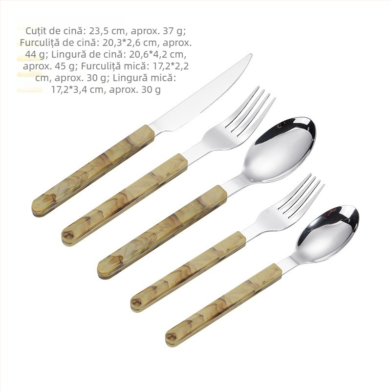 Set din oțel inoxidabil, stil occidental, cuțit, furculiță și lingură cu mâner, incluzând cuțit pentru steak, furculiță, lingură și linguriță de desert, într-un set cadou.