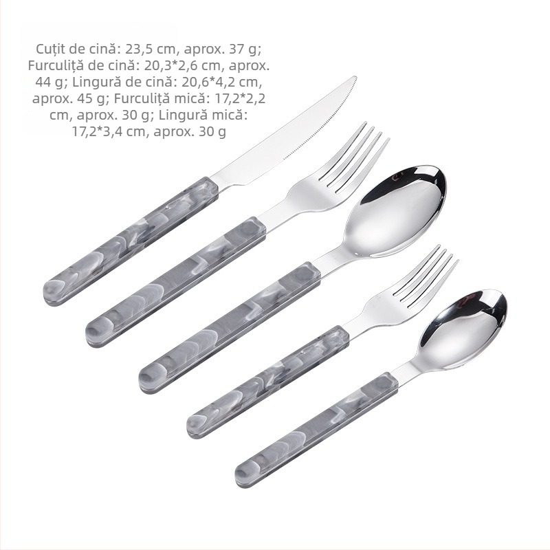 Set din oțel inoxidabil, stil occidental, cuțit, furculiță și lingură cu mâner, incluzând cuțit pentru steak, furculiță, lingură și linguriță de desert, într-un set cadou.