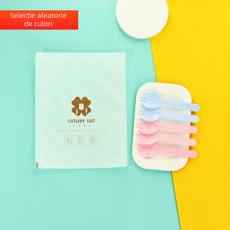 Set de farfurii, cuțite și furculițe de unică folosință pentru tort, colorat, din plastic PS, 100 de bucăți