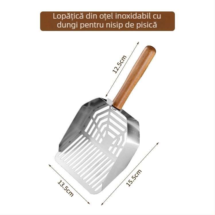 Lingură din oțel inoxidabil pentru nisip de pisici, mare, cu orificii fine, pentru nisip de tofu și amestecuri de nisip