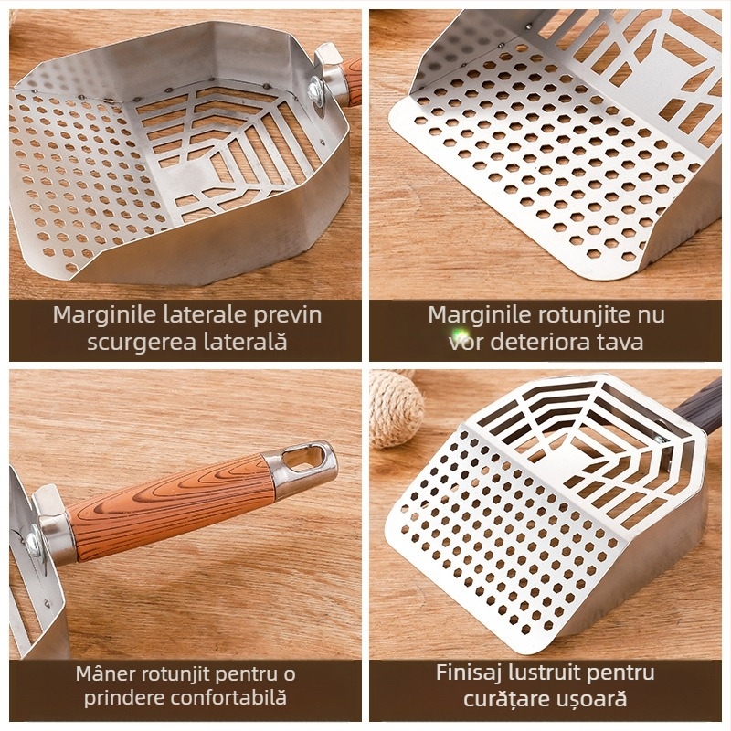 Lingură din oțel inoxidabil pentru nisip de pisici, mare, cu orificii fine, pentru nisip de tofu și amestecuri de nisip