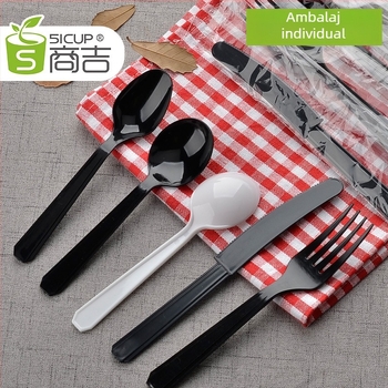 Set de tacâmuri din plastic, de unică folosință, negru, cuțit, furculă și lingură, pentru mâncare occidentală, 1000 de bucăți