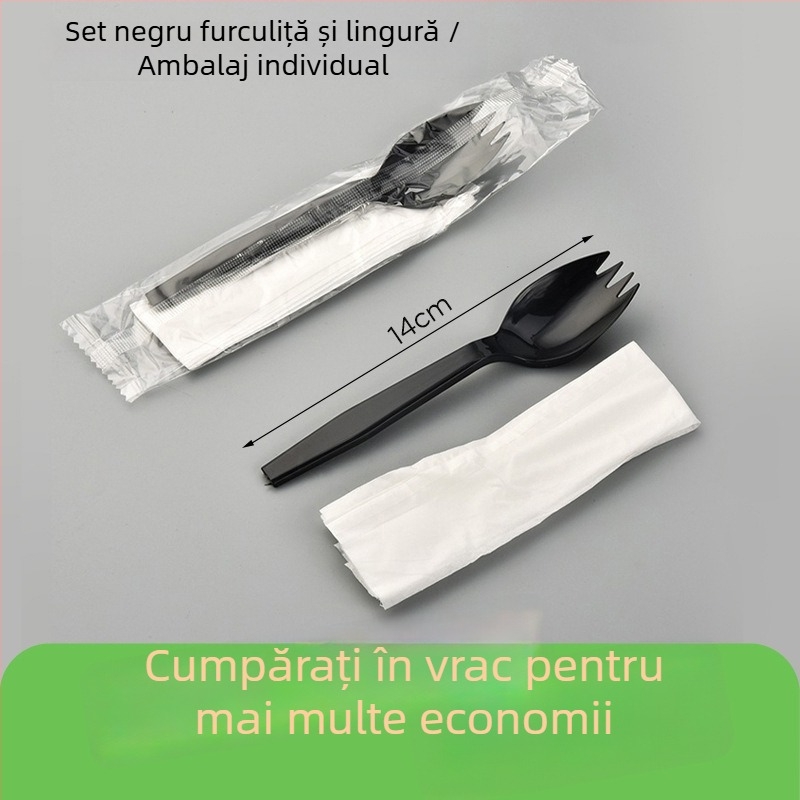 Set de tacâmuri din plastic, de unică folosință, negru, cuțit, furculă și lingură, pentru mâncare occidentală, 1000 de bucăți
