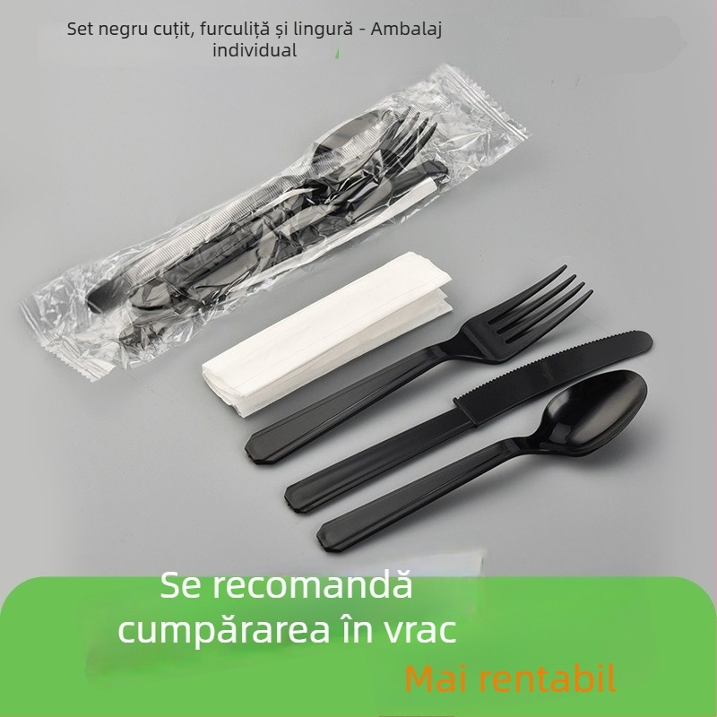 Set de tacâmuri din plastic, de unică folosință, negru, cuțit, furculă și lingură, pentru mâncare occidentală, 1000 de bucăți