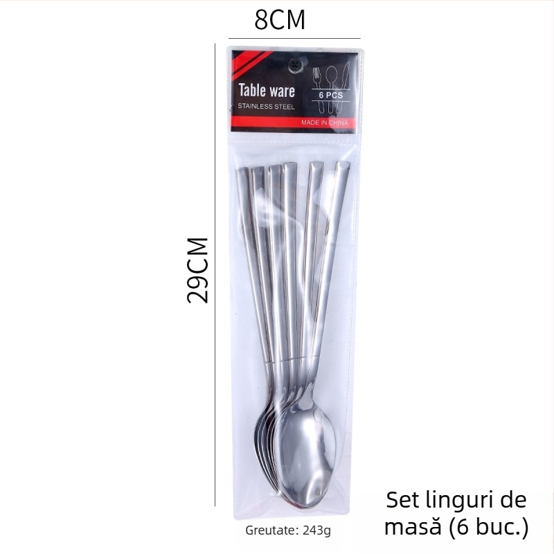 Set de tacâm din oțel inoxidabil, 6 piese: cuțit, furculiță și lingură, ambalare în pungă, lustruire oglindă, stil modern minimalist
