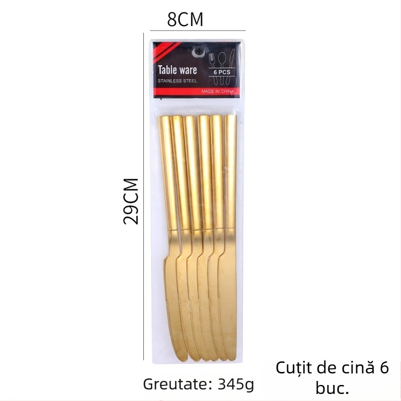 Set de tacâm din oțel inoxidabil, 6 piese: cuțit, furculiță și lingură, ambalare în pungă, lustruire oglindă, stil modern minimalist