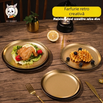 Farfurie rotundă din oțel inoxidabil 304, culoare snow-gold, stil industrial, lux ușor