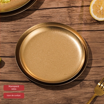 Farfurie rotundă din oțel inoxidabil 304, culoare snow-gold, stil industrial, lux ușor