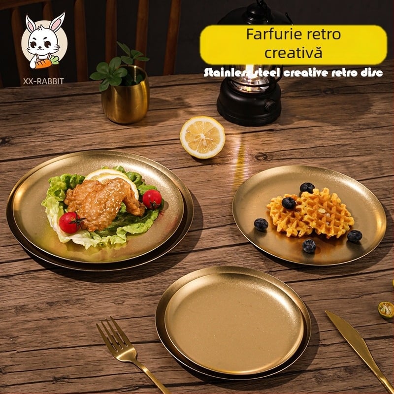Farfurie rotundă din oțel inoxidabil 304, culoare snow-gold, stil industrial, lux ușor