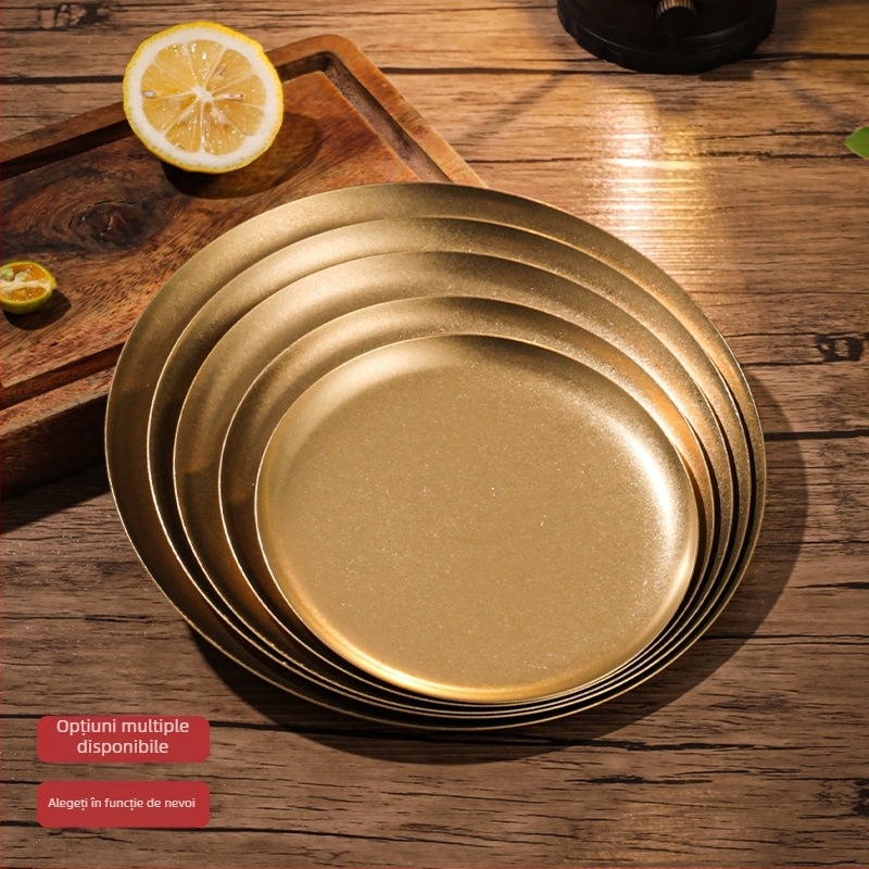 Farfurie rotundă din oțel inoxidabil 304, culoare snow-gold, stil industrial, lux ușor