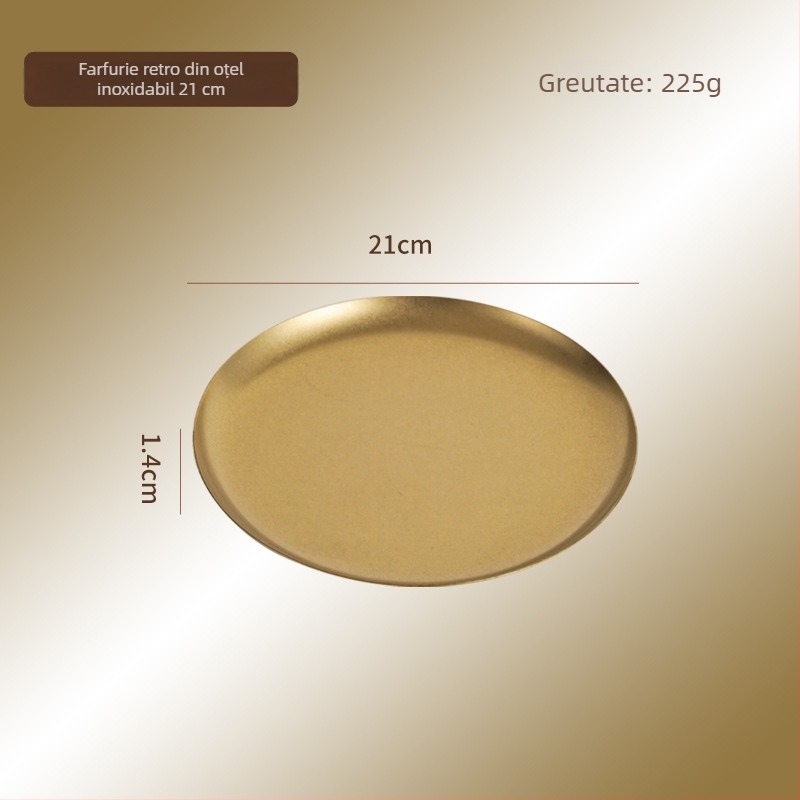 Farfurie rotundă din oțel inoxidabil 304, culoare snow-gold, stil industrial, lux ușor