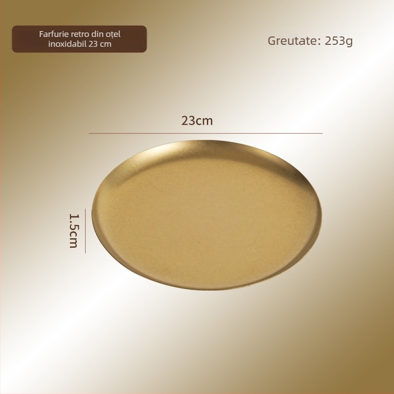 Farfurie rotundă din oțel inoxidabil 304, culoare snow-gold, stil industrial, lux ușor