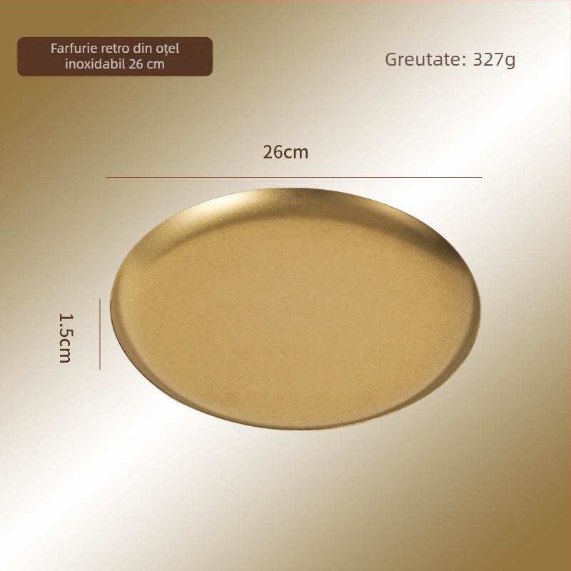 Farfurie rotundă din oțel inoxidabil 304, culoare snow-gold, stil industrial, lux ușor