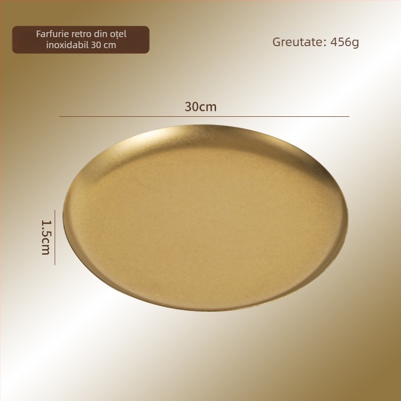 Farfurie rotundă din oțel inoxidabil 304, culoare snow-gold, stil industrial, lux ușor