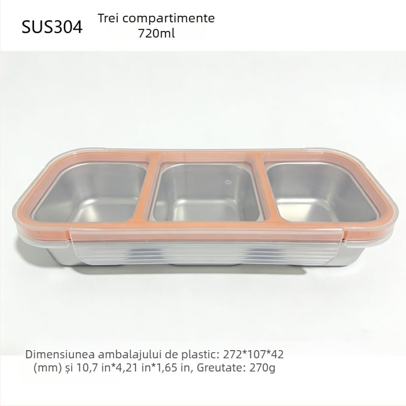 Cutie de prânz din oțel inoxidabil 304 cu compartimente, capac etanș, depozitare porționată, menține prospețimea; compatibilă cu microunde