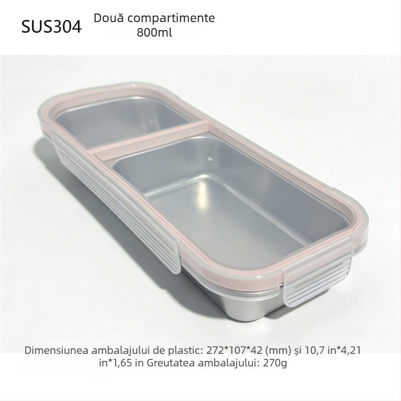 Cutie de prânz din oțel inoxidabil 304 cu compartimente, capac etanș, depozitare porționată, menține prospețimea; compatibilă cu microunde