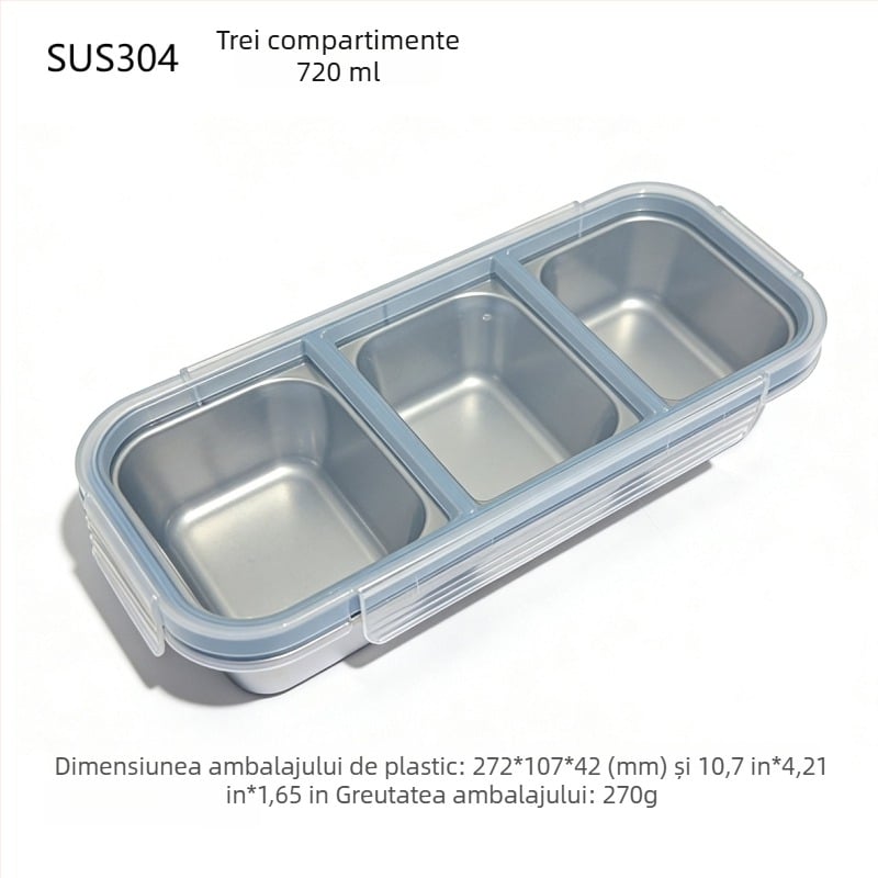 Cutie de prânz din oțel inoxidabil 304 cu compartimente, capac etanș, depozitare porționată, menține prospețimea; compatibilă cu microunde